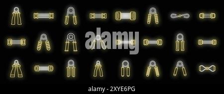 Neon icons of different hand grippers showing variety of equipment for training your forearm muscles Stock Vector