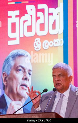 Colombo, Sri Lanka. 29th Aug, 2024. Sri Lanka's President and independent presidential candidate Ranil Wickremesinghe speaks during the launch of his election manifesto. Cash-strapped Sri Lanka had no option but agree to an IMF bailout that required tough austerity measures, Wickremesinghe said on August 29 unveiling a manifesto for his re-election bid. (Photo by Saman Abesiriwardana/Pacific Press) Credit: Pacific Press Media Production Corp./Alamy Live News Stock Photo