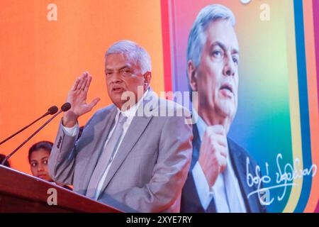 Colombo, Sri Lanka. 29th Aug, 2024. Sri Lanka's President and independent presidential candidate Ranil Wickremesinghe speaks during the launch of his election manifesto. Cash-strapped Sri Lanka had no option but agree to an IMF bailout that required tough austerity measures, Wickremesinghe said on August 29 unveiling a manifesto for his re-election bid. (Photo by Saman Abesiriwardana/Pacific Press) Credit: Pacific Press Media Production Corp./Alamy Live News Stock Photo