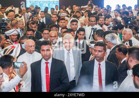 Colombo, Sri Lanka. 29th Aug, 2024. Sri Lanka's President and independent presidential candidate Ranil Wickremesinghe (C) attends the launch of his election manifesto. Cash-strapped Sri Lanka had no option but agree to an IMF bailout that required tough austerity measures, Wickremesinghe said on August 29 unveiling a manifesto for his re-election bid. (Photo by Saman Abesiriwardana/Pacific Press) Credit: Pacific Press Media Production Corp./Alamy Live News Stock Photo