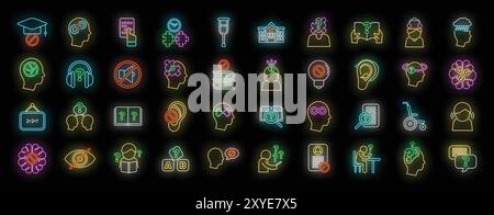 Collection of glowing neon icons representing dyslexia, depicting people studying, reading and learning Stock Vector