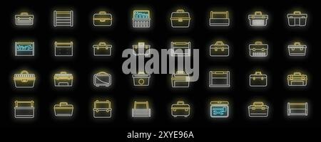 Set of toolboxes glowing neon icons with different tools for repairing and construction works on a black background Stock Vector