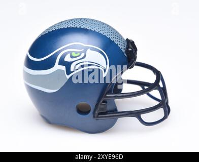 IRVINE, CALIFORNIA - AUGUST 30, 2018: Mini Collectable Football Helmet for the Seattle Seahawks of the National Football Conference West. Stock Photo