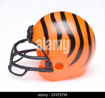 IRVINE, CALIFORNIA - AUGUST 30, 2018: Mini Collectable Football Helmet for the Cincinnati Bengals of the American Football Conference North. Stock Photo