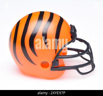 IRVINE, CALIFORNIA - AUGUST 30, 2018: Mini Collectable Football Helmet for the Cincinnati Bengals of the American Football Conference North. Stock Photo