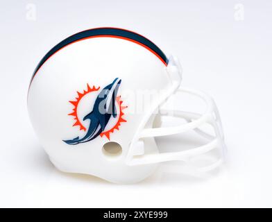 IRVINE, CALIFORNIA - AUGUST 30, 2018: Mini Collectable Football Helmet for the Miami Dolphins of the American Football Conference East. Stock Photo