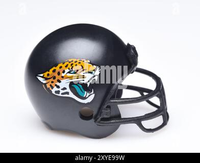 IRVINE, CALIFORNIA - AUGUST 30, 2018: Mini Collectable Football Helmet for the Jacksonville Jaguars of the American Football Conference South. Stock Photo