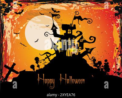 A Halloween themed poster with a castle and bats. The castle is on a hill and the moon is in the background Stock Vector