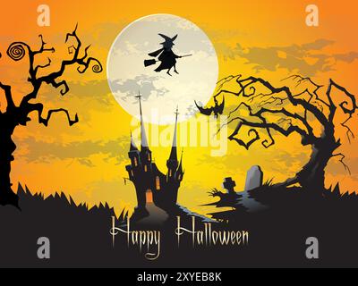 A witch flying over a graveyard with a castle in the background. The sky is orange and the moon is in the sky. The background is dark and spooky. The Stock Vector