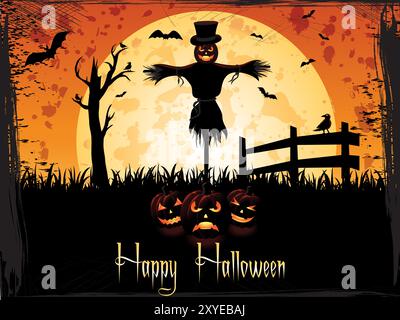 A scarecrow is standing in a field with pumpkins and bats. The background features a moon and a fence. The poster says and titled 'Happy Halloween' in Stock Vector