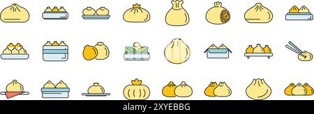 This vector icon set shows various types of asian dumplings being steamed, served on plates, and packaged to go Stock Vector