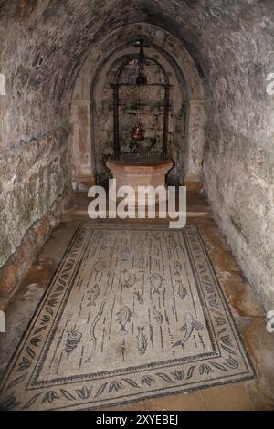 Crypt in the Church of Visitation in Ein Karem Jerusalem, from the well inside Elizabeth and infant son John the Baptist drank Stock Photo