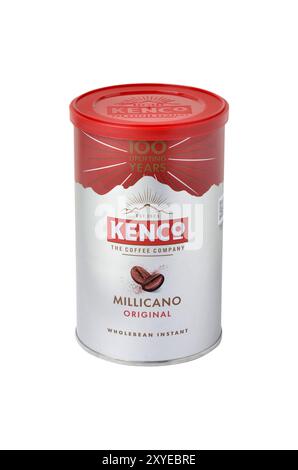 Tin or container of Kenco Millicano Wholebean Instant Coffee isolated on white with clipping path Stock Photo