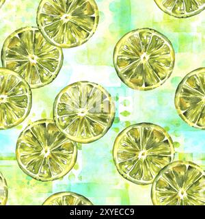 A seamless pattern with vibrant hand drawn watercolour limes on a teal patchwork texture, healthy food repeat print Stock Photo