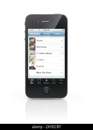 Apple iPhone 4 smartphone with iTunes Store menu on its display isolated with clipping path on white background. High quality photo Stock Photo