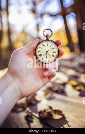 Hand held stop watch outdoors, autumn, blurry background Stock Photo