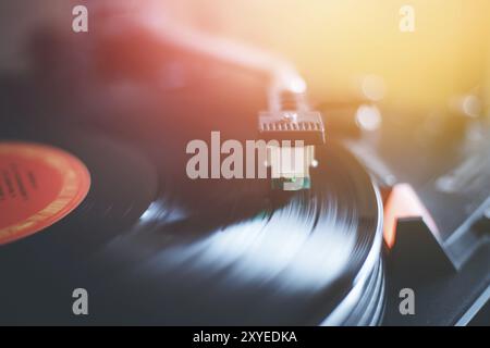 Close up picture of a record player, playing a record Stock Photo