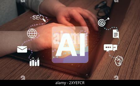 Businesswoman working with Artificial Intelligence (AI) on laptop. Predictive analytics, Customer service, chatbot, analyze customer data, business and technology. Stock Photo