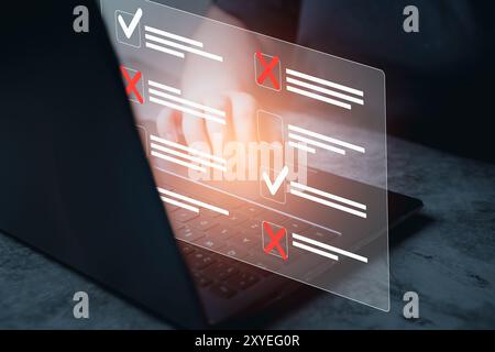 Document approval certification and checklist concept. Woman use laptop with hologram checklist with approved and rejected projects. Business performance monitoring concept. Stock Photo