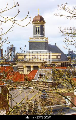 Hartebrugkerk church aerial view in downtown of Leiden, Holland, Netherlands Stock Photo