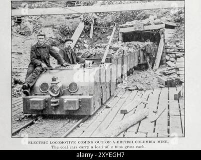 ELECTRIC LOCOMOTIVE COMING OUT OF A BRITISH COLUMBIA MINE. The coal cars carry a load of 2 tons gross each. from the Article THE HISTORY AND PROGRESS OF MINING IN BRITISH COLUMBIA. By H. Mortimer Lamb. from The Engineering Magazine Devoted to Industrial Progress Volume XIX 1900 The Engineering Magazine Co Stock Photo