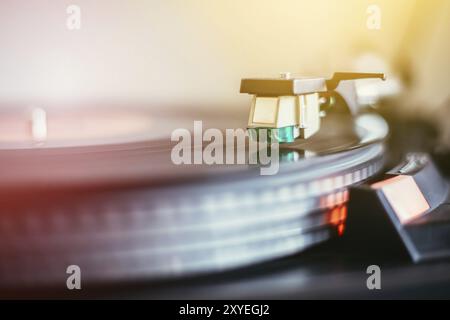Close up picture of a record player, playing a record Stock Photo