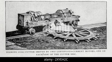 Diamond COAL-CUTTING MACHINE WORKED BY TWO THREE-PHASE MOTORS, ONE EACH SIDE OF THE CUTTER DISC. By the Diamond Coal-Cutter Co. from the Article APPLICATIONS OF ELECTRICITY IN THE COLLIERIES OF GREAT BRITAIN. By Sydney F. Walker. from The Engineering Magazine Devoted to Industrial Progress Volume XIX 1900 The Engineering Magazine Co Stock Photo