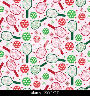 Christmas Pickleball Paddles decorated with Red and Green Snowflakes seamless pattern  on white background. For Christmas wrapping paper, fabric and s Stock Vector