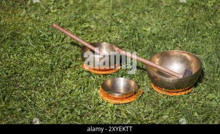 Set of metal singing bowls in the grass of the own garden, zen Stock Photo