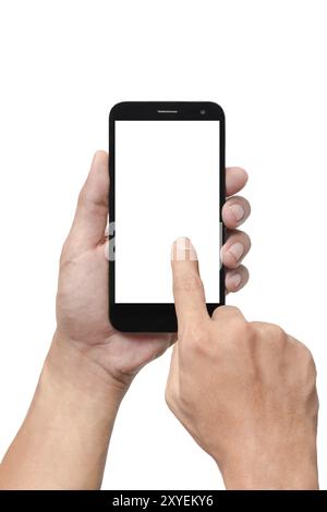 Hand holding the smartphone isolated on white background Stock Photo