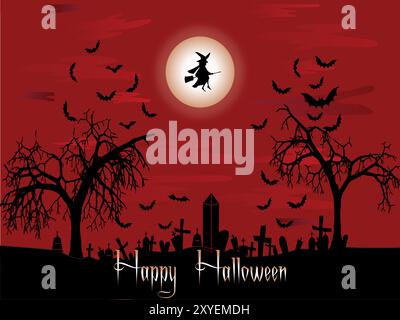 A witch flying over a graveyard with bats and a moon. The poster says and titled "Happy Halloween" in single colour written highlighting the celebrati Stock Vector