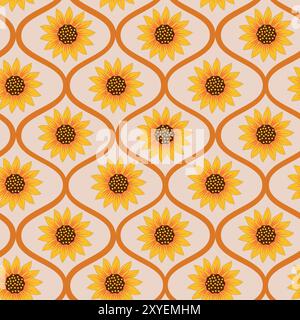 Retro Yellow Sunflowers seamless pattern on  vintage ogee seamless pattern. For Fabric, wallpaper and textile Stock Vector