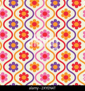 Retro Colorful Flowers on ogee oval shapes seamless pattern in orange, purple, pink and red on white background. For wallpaper, fabric and textile Stock Vector