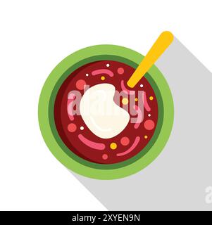 Green bowl of borscht with sour cream and a wooden spoon, a traditional ukrainian soup Stock Vector