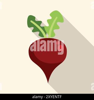 Beetroot with two leaves is casting a long shadow in this flat design illustration Stock Vector