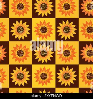 Checkered Sunflowers seamless pattern on yellow and dark brown checkerboards. For wrapping paper, fabric and textile Stock Vector
