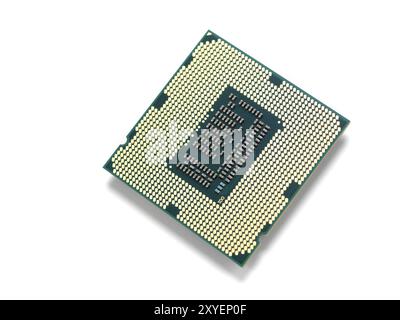 Intel i7 processor gold contacts CPU socket circuit isolated on white background Stock Photo
