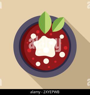 Delicious bowl of borscht, a vibrant beetroot soup, topped with sour cream and fresh bay leaves Stock Vector