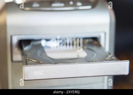 PC case with built-in DVD drive with an open blank disc tray Stock Photo