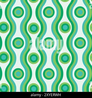 Retro Geometric Circles on 70s oval ogee shapes seamless pattern in lime green, mint green and teal. For wallpaper, fabric and Textile Stock Vector