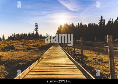 Wooden path at the top of schockl mountain in Graz Austria leading to ...