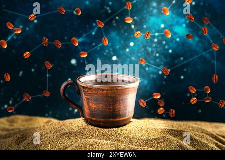 Clay cup of coffee on the sand against the backdrop of the starry night sky. Floating coffee beans in the form of constellations. Stock Photo