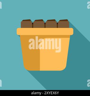 Rectangular yellow pot holding five seedlings growing under a grow light, in a flat style with a long shadow Stock Vector