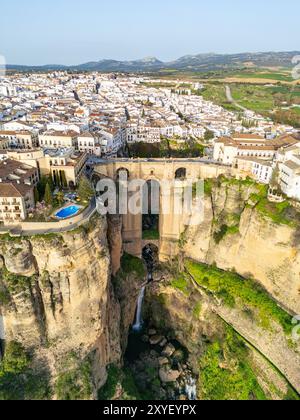 Amazing aerial view of Puenta Nuevo Bridge over the El Tajo Gorge in Ronda, Spain Stock Photo