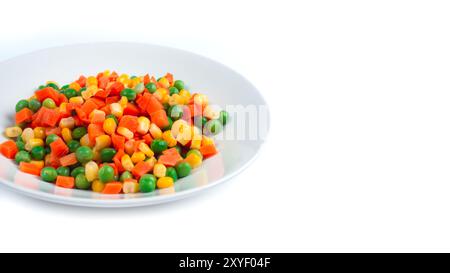Organic Food. Mixed Vegetables Isolated White Background. Vegetable containing carrots, peas, and corn on white background, Healthy food, Colorful mix Stock Photo