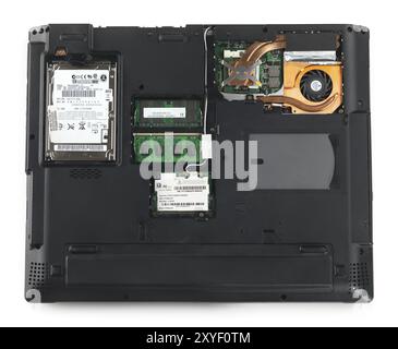 Computer Bottom Bush Laptop computer bottom side with back panels removed showing HDD ...