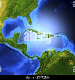 Detailed 3D render of the map of Central America showing the Caribbean sea, The Gulf of Mexico, Cuba, Haiti, Dominican Republic, Mexico, Jamaica, the Stock Photo