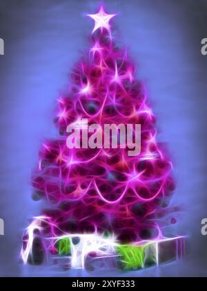 Bright pink abstract Christmas tree with gifts under it. Artistic colorful illustration isolated on blue background Stock Photo