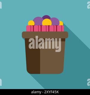Simple vector illustration of a cactus plant with flowers growing in a pot, isolated on blue background with long shadow Stock Vector