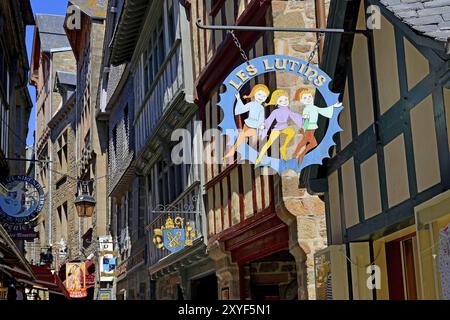 Old houses on the main street, Mont Saint Michel, Normandy, France, Europe Stock Photo